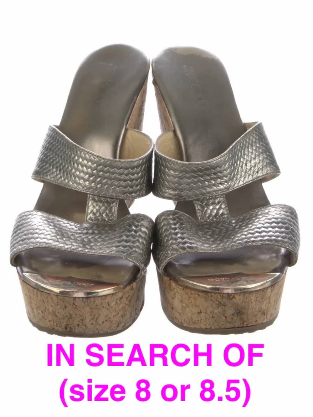 IN SEARCH OF SIZE 8-8.5 Jimmy Choo Metallic Silver Cork Wedge Sandal